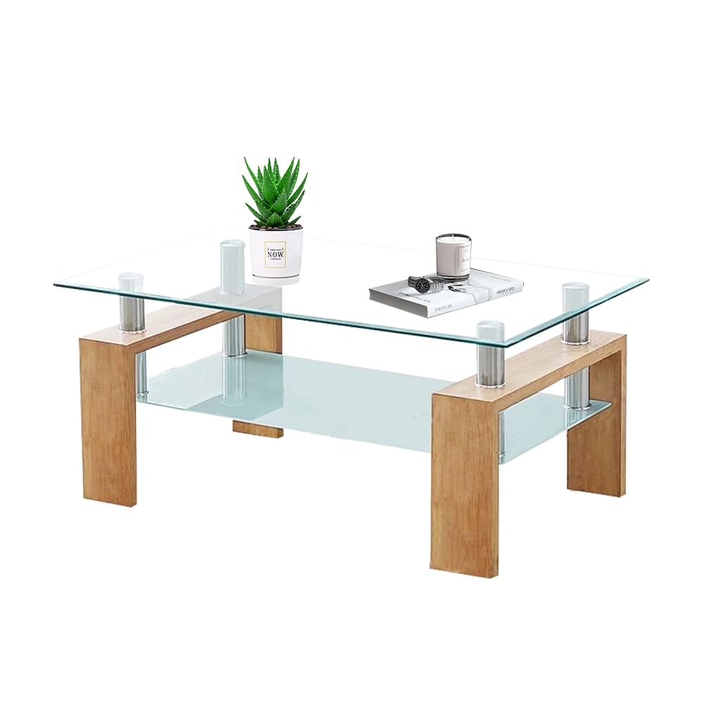 Coffee Table with Wood Tube Legs Rectangle Glass End Table for Living Room Modern Side Coffee Table with