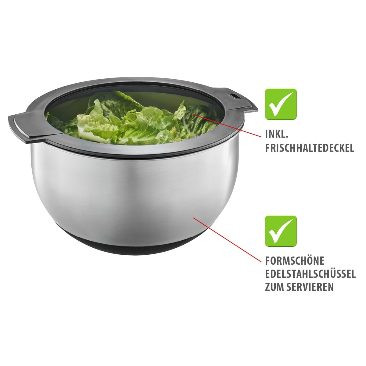 GEFU Salatschleuder mit Kurbelantrieb, 4,5 l | 4-teilig, Edelstahlschüssel, Frischhaltedeckel, Stopp-Button, rutschfest