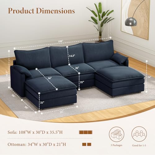 Image of Vesgantti 108 inch U Shaped Sectional Couch, Deep Seat Cloud Modular Sectional Sofa with 2 Ottoman, Modern Chenille Cloud Sofa Height Adjustable for Living Room, Bedroom and Apartment, Blue