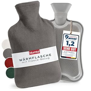 Blumtal Premium Wärmflasche mit Bezug Fleece - Wärmeflasche aus verwendungssicherem Naturkautschuk mit Fleecebezug - auslaufsichere Bettflasche 1, 5 L - beruhigend & wärmend - Bettflasche Grau