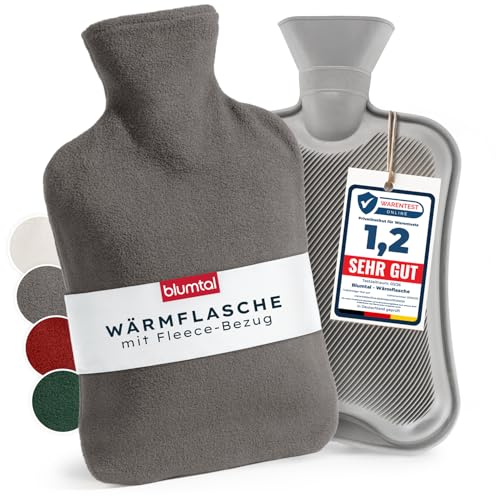 Blumtal Premium Wärmflasche mit Bezug Fleece - Wärmeflasche aus verwendungssicherem Naturkautschuk mit Fleecebezug - auslaufsichere Bettflasche 1,5 L - beruhigend & wärmend - Bettflasche Grau