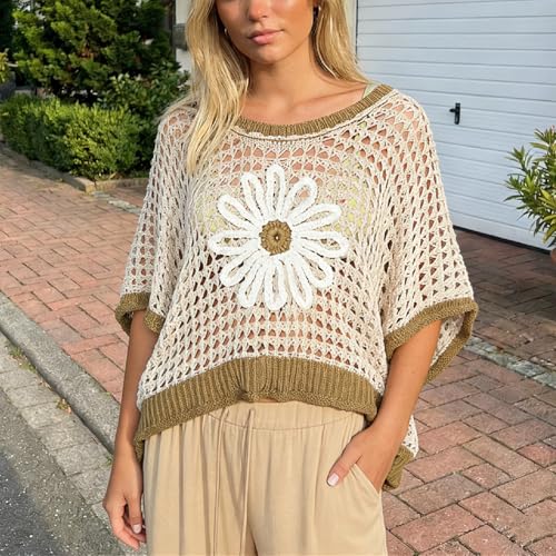 Image of Women Floral Crochet Sweater Short Sleeve Crewneck Hollow Out Lightweight Knit Pullover Tops 2025 Summer Beach Cover Ups