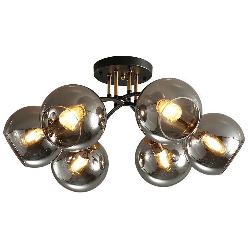 6-Lights Smoke Gray Glass Globe Chandelier, Recessed Sputnik Chandelier, Modern Light Fixtures Ceiling, Black and Gold Industrial Ceiling Pendant Lighting for Bedroom, Living Room, Office, Foyer