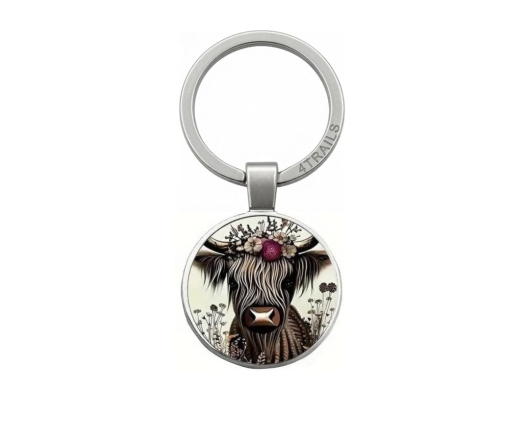 4Trails Unisex Black And White Flower Highland Cow Glass Dome Keyring, Lucky Scottish Charm Keychain With Floral Design, Silver