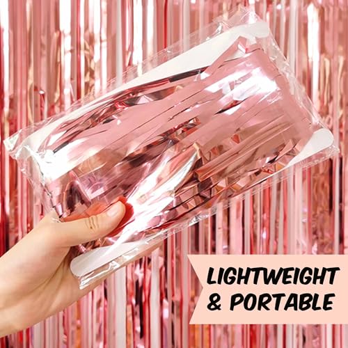 Image of 3 Pack Rose Gold Foil Fringe Curtains Backdrop, 3.28 x 9.8 Ft Metallic Streamers Tinsel Curtains Background for Photo Booth, Birthday, Halloween, Christmas, Thanksgiving, New Year Party Decorations