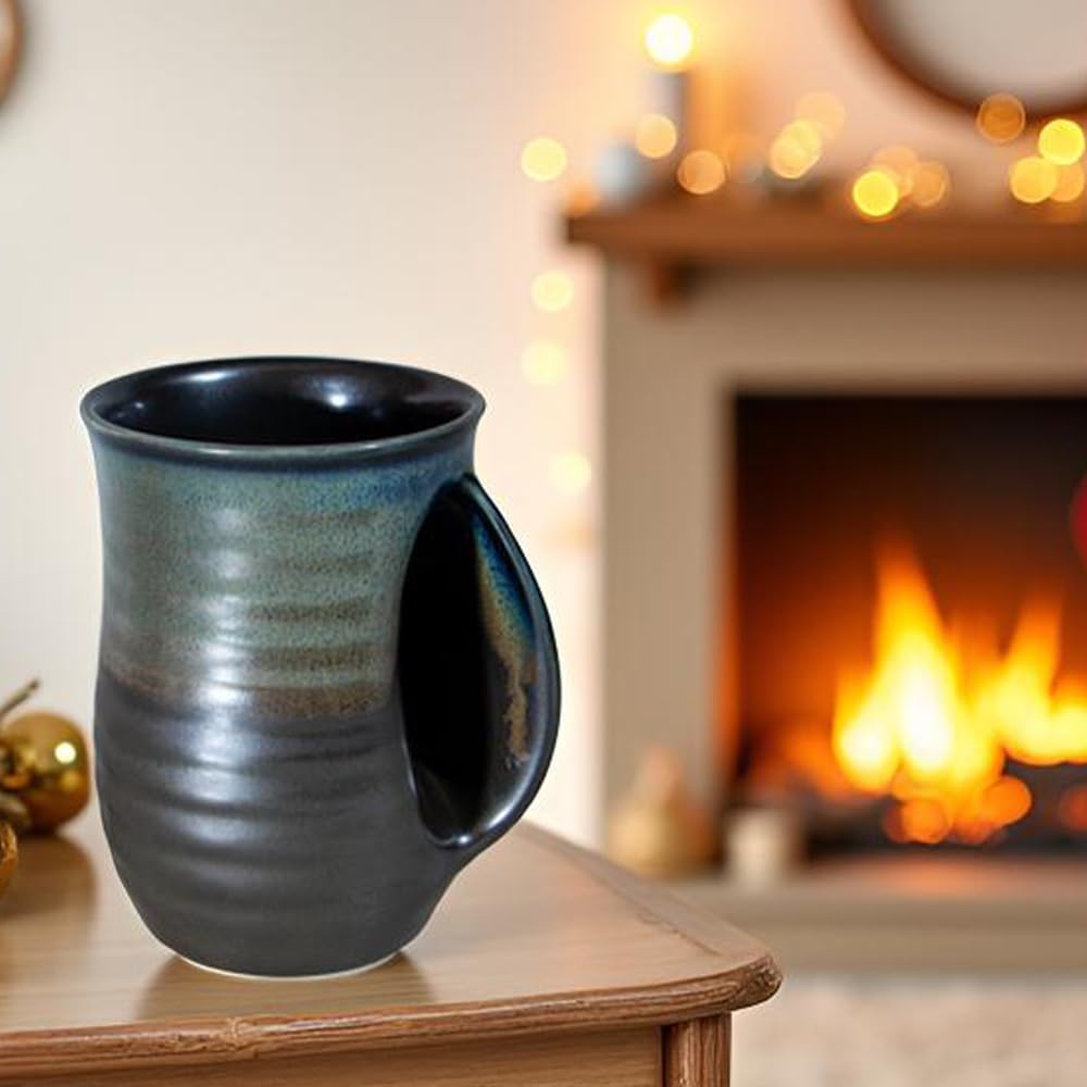Handwärmer-Tasse, 473 ml, große Handwärmbecher, Keramik, Geschenk für Kaffee, Tee, handgefertigte Keramik, mit Taschengriff, für Rechtshänder, Braun