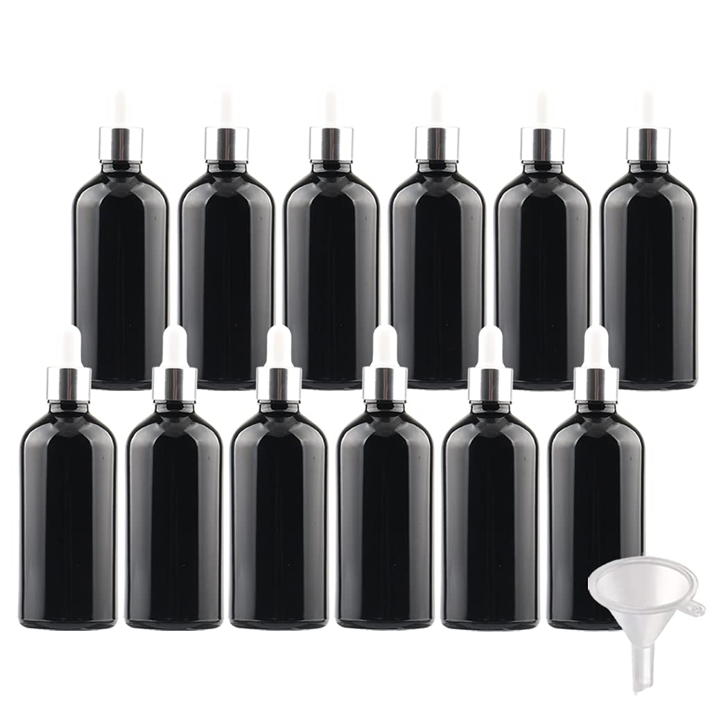 24 Piezas Negro Frasco Cuentagotas Cristal 100ml, Botellas Cuentagotas Vacío con Pipeta de Vidrio Plata/Blanco, para Fragancias de Arorapia de Aceites Esenciales, Masaje, Viaje