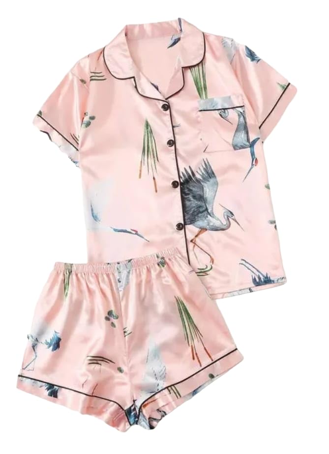 GenericWomen Latest Silk Blend Summer Shirt & Short Set| Floral Printed Nightsuit for Women