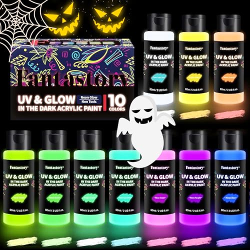 Fantastory Leuchtfarben Nachtleuchtend Farben 10x60ml, wasserfeste Acrylfarbe Glow in the Dark Farbe und Schwarzlicht Farbe, für Halloween Steine, Leinwände. Acrylic Paint Set (Mildcolor Serie)