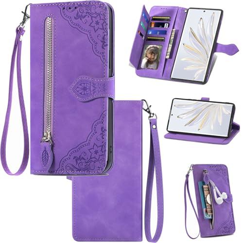 bojioderf Compatible with Tecno Spark 7T Case,Compatible with Tecno Spark 7 Wallet Zipper Card Holder Flip Stand Magnetic Closure Cover Purple