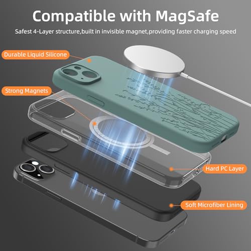 OAOA Magnetic Engraved Case Compatible with iPhone 14 Case, Compatible with Magsafe, Camera All-Round Protection, Slim Liquid Silicone Phone Case for Women Girls, Midnight Green Flower by OAOA - Image 3