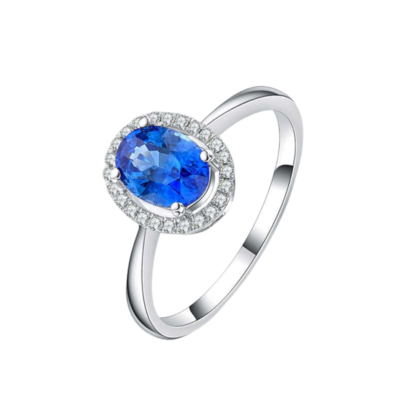 Anillos Boda Oro Blanco 9 Kilates / 14 Kilates / 18 Kilates Mujer, 4 Garras Oval con Zafiro de 1 ct y Diamante de 0,09 ct, Anillos de Plata Azul Boda Mujer