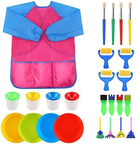 VEYLIN Kids Paintbrushes & Sponge Painting Supplies Brushes Paint Bowls Spill Proof Paint Pots with Apron (25 Pieces)