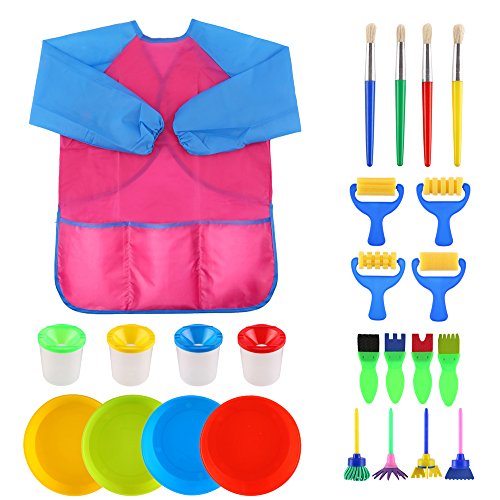 VEYLIN Kids Painting Set - 25 Paint Brushes Sponges Paint Bowls Spill Proof Paint Pots Kits with Apron for Toddler Art Crafts