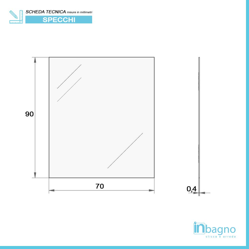 Inbagno Specchio con Lampada LED 70x90 cm Reversibile, specchiera a Filo Lucido, Lampada Cromo 30 cm a Risparmio energetico