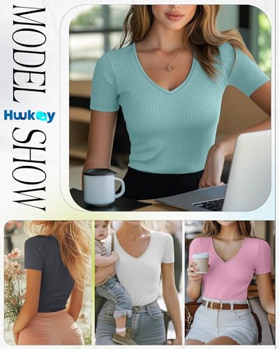 Huukeay 5 Pack Women's Cotton V Neck T-Shirts Multipack Short Sleeve Slim Casual Ribbed Tops 2025 Summer Basic Tee4