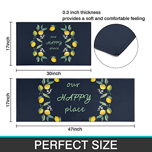 Xsinufn Lemon Kitchen Rugs Set 2 Piece Colorful Spring/Summer Lemon Floral Leaves Decorative Rugs For Kitchen Low-Profile Floor Mats Decorations For Home Kitchen (17"X48"+17"X30" Navy Blue Rugs) #TOP5