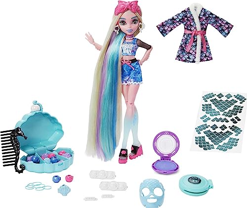 Monster High Boneca Lagoona Blue Spa Day com acessórios para usar e compartilhar, incluindo clipes de penteado, giz para o cabelo e tatuagens