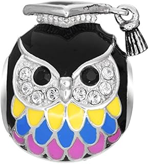 Sterling Silver Owl Graduation Cap Scholar Teacher Bead c/European Charm Bracelet Made w/Swarovski Crystals