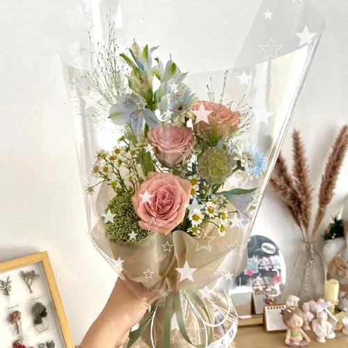 Klare Zellophanfolie, bedruckt mit Stern, 80 cm x 30 m, gefaltete Geschenkverpackung, Zellophanrolle für Körbe, Geburtstage, Kekse, Geschenke, Ostern