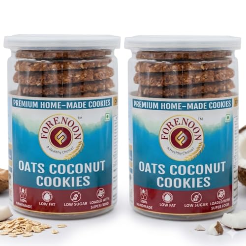 Fore Noon Coconut Oats Cookies | Digestive Biscuits with Coconut Flakes | Light & Crunchy Anytime Snack | Made with Wholesome Ingredients | Guilt-Free & Tasty Indulgence | Perfect with Chai & Coffee | 100% Natural Ingredients | 100% Vegetarian | Pack of 2, (178 grams X 2)