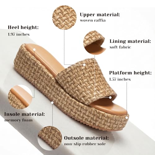 Image of Monrovia Platform Sandals Women Raffia Espadrille Slides, Woven Straw Flatform Beach Sandals Women, Slip On Summer Vacation Shoes, Comfortable Casual Daily Wear