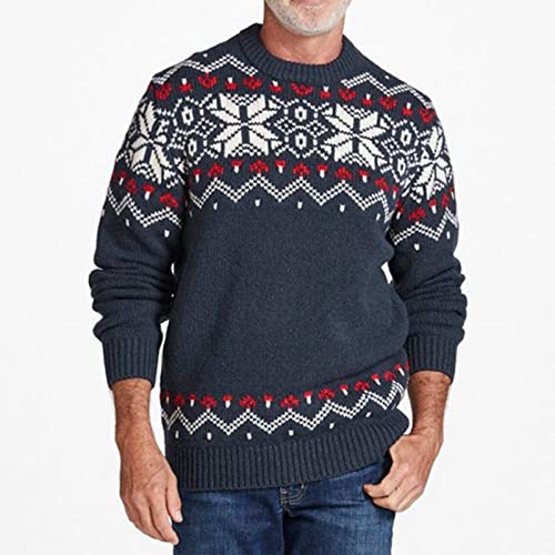 Men's Autumn Winter Vintage Sweater, Long Sleeve Pullover Mens Work Fall With Designs Oversize Warm Comfort Tops Knitted Print Button Down Round Neck Pullover Mens Navy #TOP1