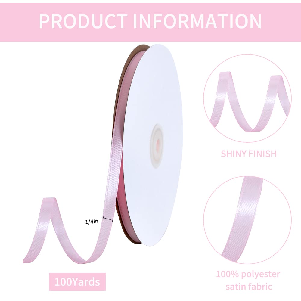 TONIFUL 1/4 Inch x 100yds Baby Pink Satin Ribbon,Valentine's Day Ribbon Thin Solid Color Satin Ribbon for Gift Wrapping, Crafts, Hair Bows Making, Wedding Party Decoration, Invitation Cards, Floral Bouquets - 2