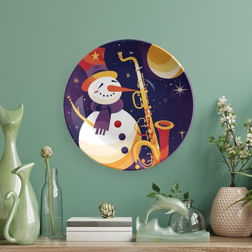 Plato de cerámica de muñeco de nieve con saxofón y soporte 6