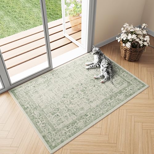 Sage Green Area Rug 2x3 Washable Vintage Distressed Entryway Carpet Non Slip Neutral Door Mat Low Pile Retro Floral Farmhouse Accent Throw Small Rug for Bathroom Laundry Kitchen Dining Room