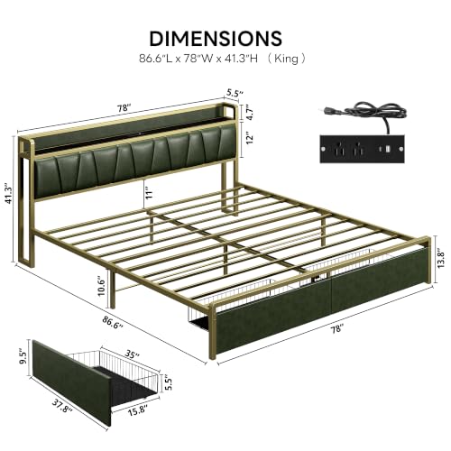 Image of LIKIMIO King Size Bed Frame with 2 Drawers and Charging Station | Platform Bed with Upholstered Storage Headboard, No Box Spring Needed, Easy Assembly, Sturdy, Green