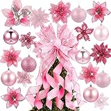 Youyole Christmas Tree Decorating Set Includes 37 Pcs Poinsettia Glitter Flowers with Clip, Christma