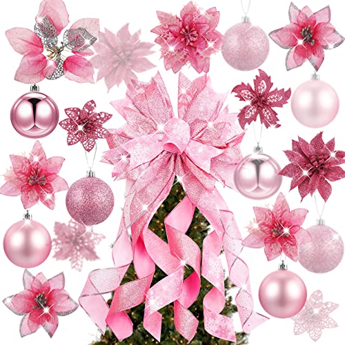 Youyole Christmas Tree Decorating Set Includes 37 Pcs Poinsettia Glitter Flowers With Clip, Christmas Ball, Christmas Tree Topper Bow For Christmas Home Decoration (Pink) #TOP9