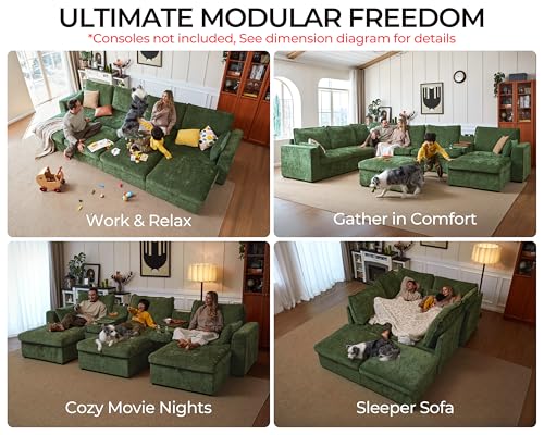 Image of 124.8'' Oversized Modular Sofa Comfy Cloud Couch with Storage, Extra Wide Sectional Sofa for Living Room, Covers Washable, 3-Seater, Chenille, Green