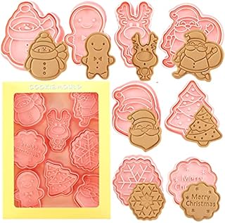 Crethink Christmas Cookie Cutter Set,8 Pieces Plastic Biscuit Cutters,Gingerbread Man,Snowflake,Snowman,Christmas Tree,Santa Face,Santa Claus,Reindeer,Merry Christmas