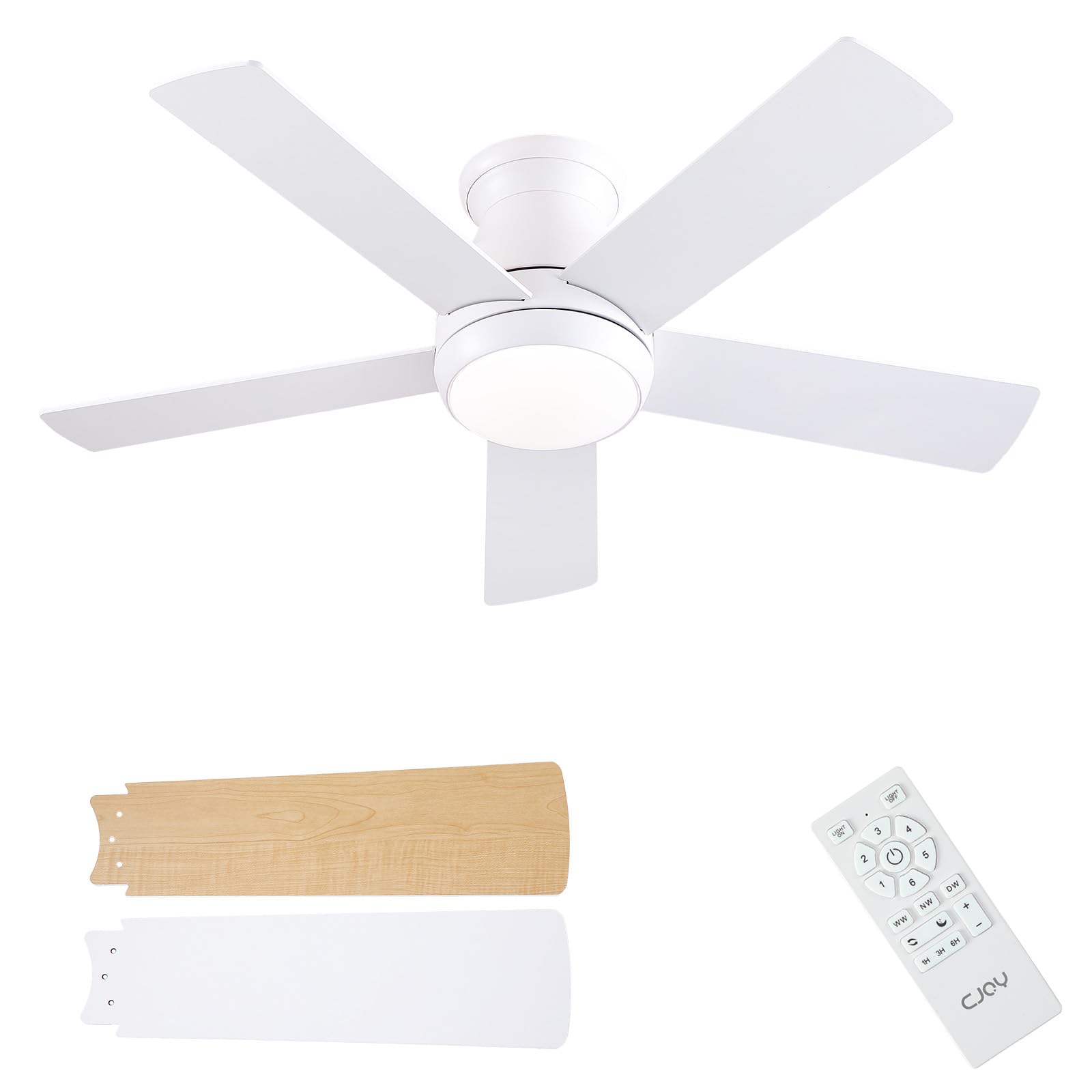 CJOY Ceiling Fan with Light and Remote, 42 inch Flush Mount Ceiling Fans with Lights, Reversible DC, 6 Speed, Dimmable, Quiet, Sleep Mode, Fan Light for Kitchen/Living Room