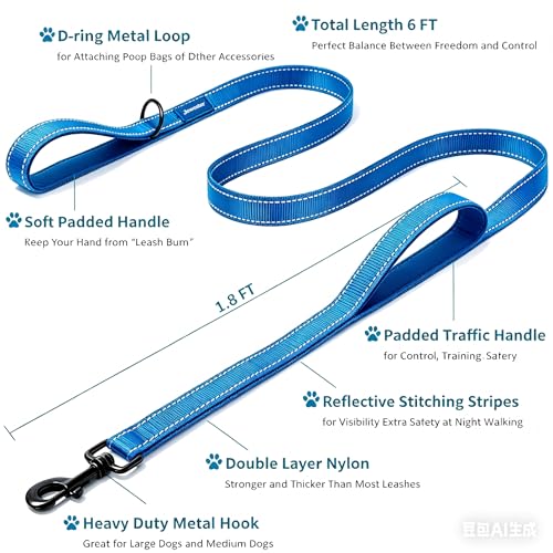 Image of Heavy Duty Dog Leash - 2 Handles by Padded Traffic Handle for Extra Control, 6foot Long - Perfect for Medium to Large Dogs (Dark Blue, 6 ft)