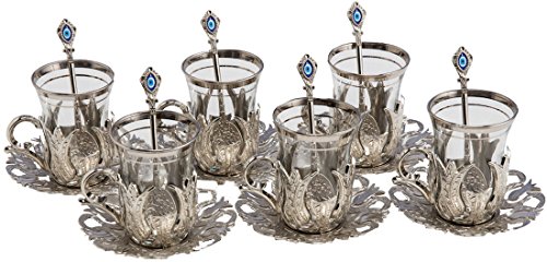 6 X Copperbull 2018 Turkish Tea Glasses Set With Saucers Holders & Spoons (Silver) #TOP1