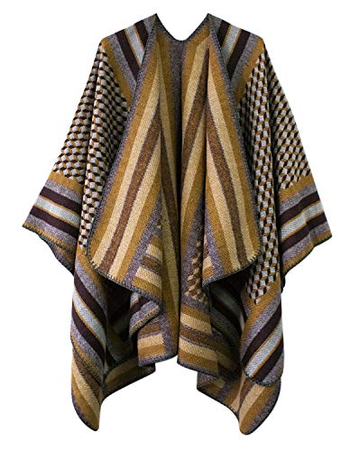 Women's Vintage Pattern Open Front Poncho Cape Shawl (Series 11-Camel)