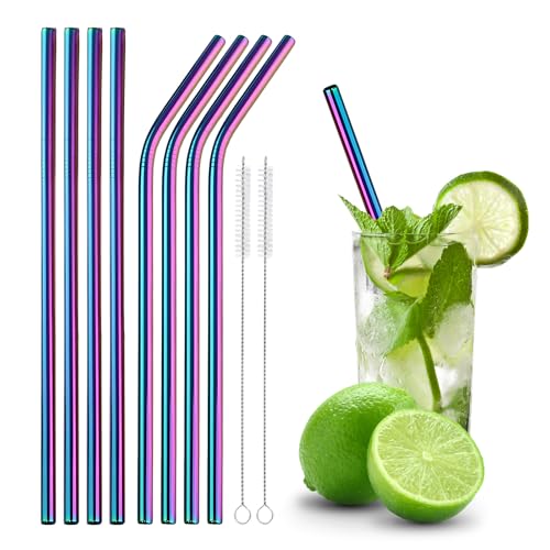 Image of Lavishly Reusable Stainless Steel Metal Straws Set - 4 Straight & 4 Bent Straws + 2 Cleaning Brushes | Eco-Friendly, BPA-Free, Non Disposable Drinking Straws for Hot & Cold Beverages (Rainbow)