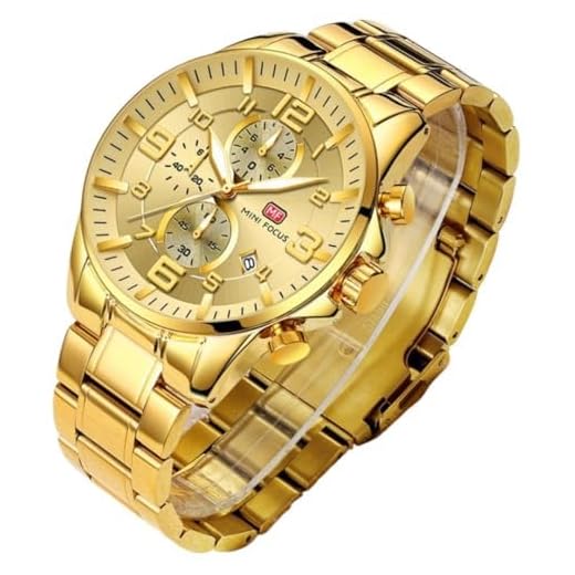 Relógio Masculino "Luxury Gold" – Dourado, 100% Aço Inoxidável 316L, Visor 46mm, Funções Cronômetro, Cronógrafo, Calendário, Ponteiros Luminosos, Estilo Europeu + Caixa Premium