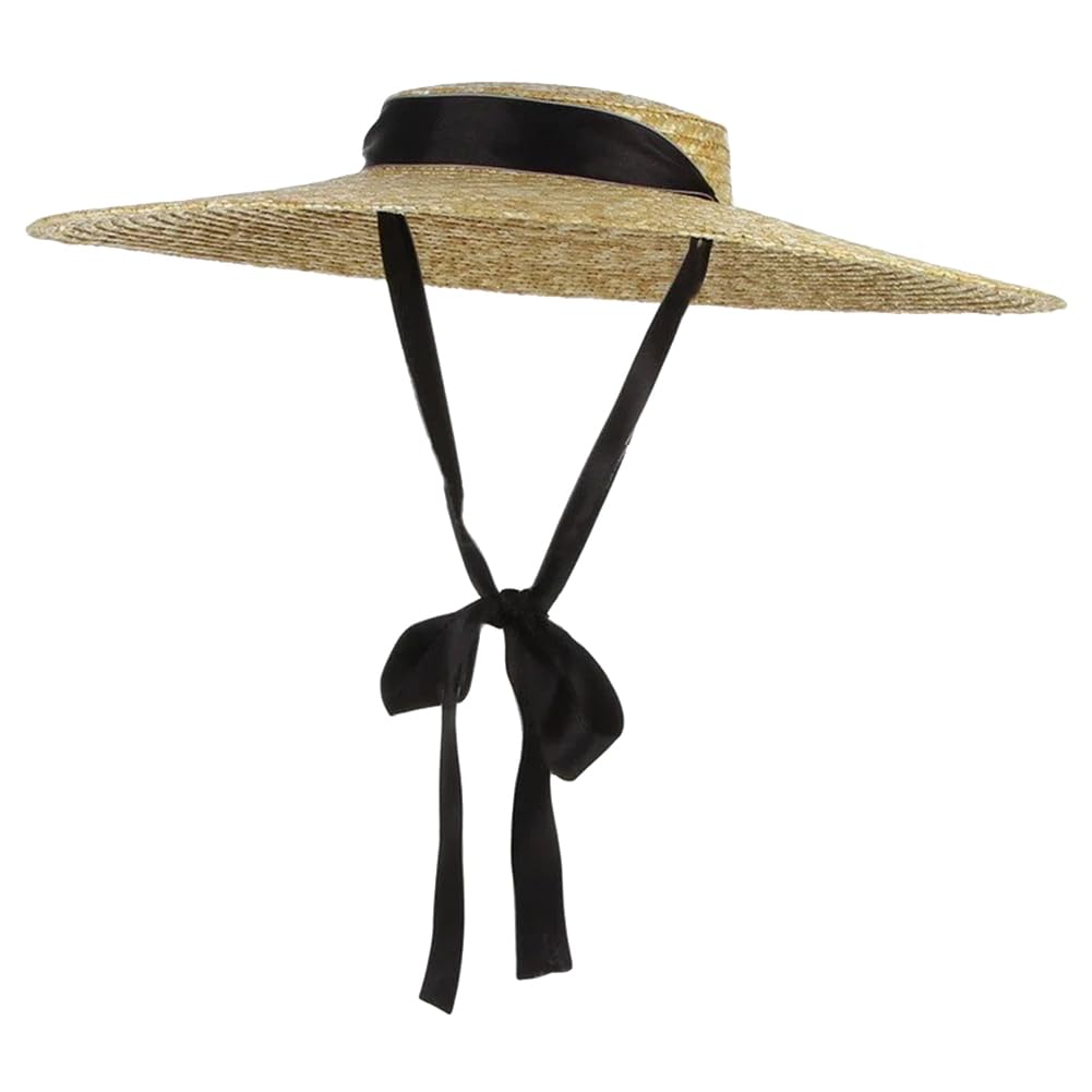Sombreros de Paja de ala Ancha y Copa Plana para Mujer, Gorras de Playa de Verano con Visera y Cinta Larga, Sombrero canotier con Cordones