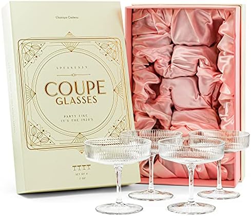 Vintage Art Deco Coupe Glasses | Set of 4 | 7 oz Classic Cocktail Glassware for Champagne, Martini, Manhattan, Cosmopolitan, Sidecar, Daiquiri | Crystal Speakeasy Style Saucer Goblets with Stems