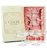 Vintage Art Deco Coupe Glasses | Set of 4 | 7 oz Classic Cocktail Glassware for Champagne, Martin...