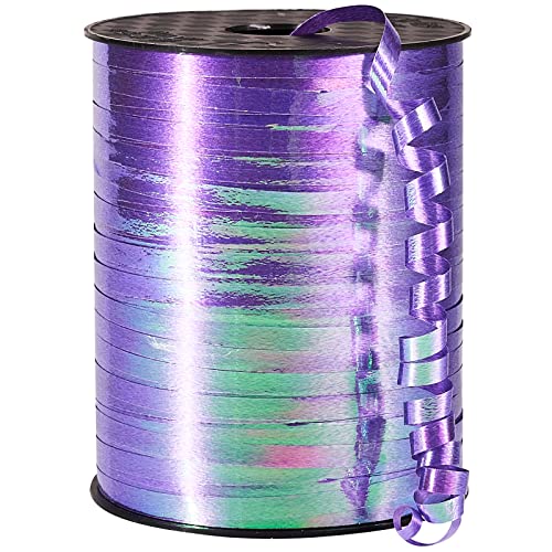 Image of PartyWoo Purple Curling Ribbon, 500 Yard for Crafts, Balloons, Gift Wrapping - Lavender Holographic Iridescent Color String for Florist Flower (1 Roll)