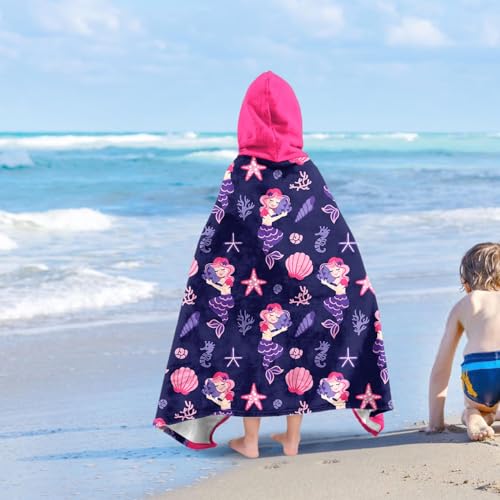 Image of Mermaid Girls Beach Towel with Hoodie for Kids Toddlers Age 4-8, Pink Blue Bath Towels Shower Wrap for Girls, Hooded Poncho Beach Blanket for Pool Swimming Cute Wearable Bath Towel for Child