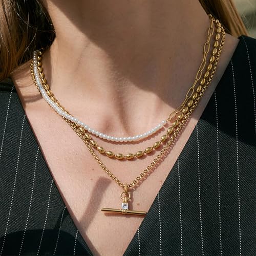 Image of Jeulia 14K Gold Plated Necklaces for Women, Dainty Paperclip Chain Choker T-Bar Layered Stackable Gold Necklace Jewelry Gifts