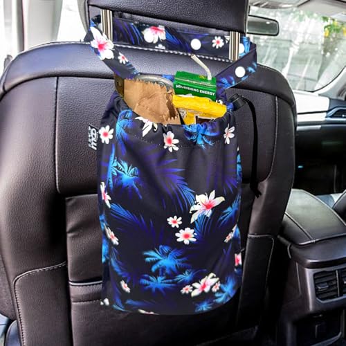 Image of 2 Pack Leakproof Car Trash Bags Detachable Waterproof Garbage Bags with Drawstring Hanging Organizer for Back Seat & Travel Flower Design