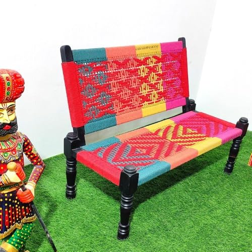 Image of Srima Wooden Bench for Living Room | Handcrafted Sheesham Wood Backrest Bench for Balcony & Garden | Traditional Rajasthani Patio for Outdoor with Cotton Handwoven Rope | Colorful