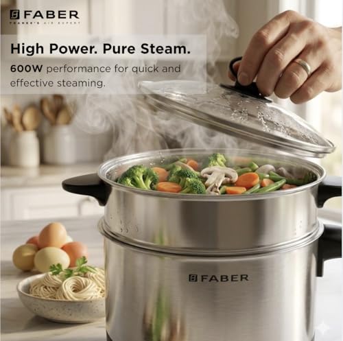 Image of Faber 600W 1.2L Multi Cooker + Steamer|Cook Noodles, Rice, Soup, Baby Food, Boil Veggies & Eggs|Steam Momos|SS204 Container & Steamer, Egg Boiler Stand, Lid|Temp Control Knob|FMC1.2L PRO Steamer SS
